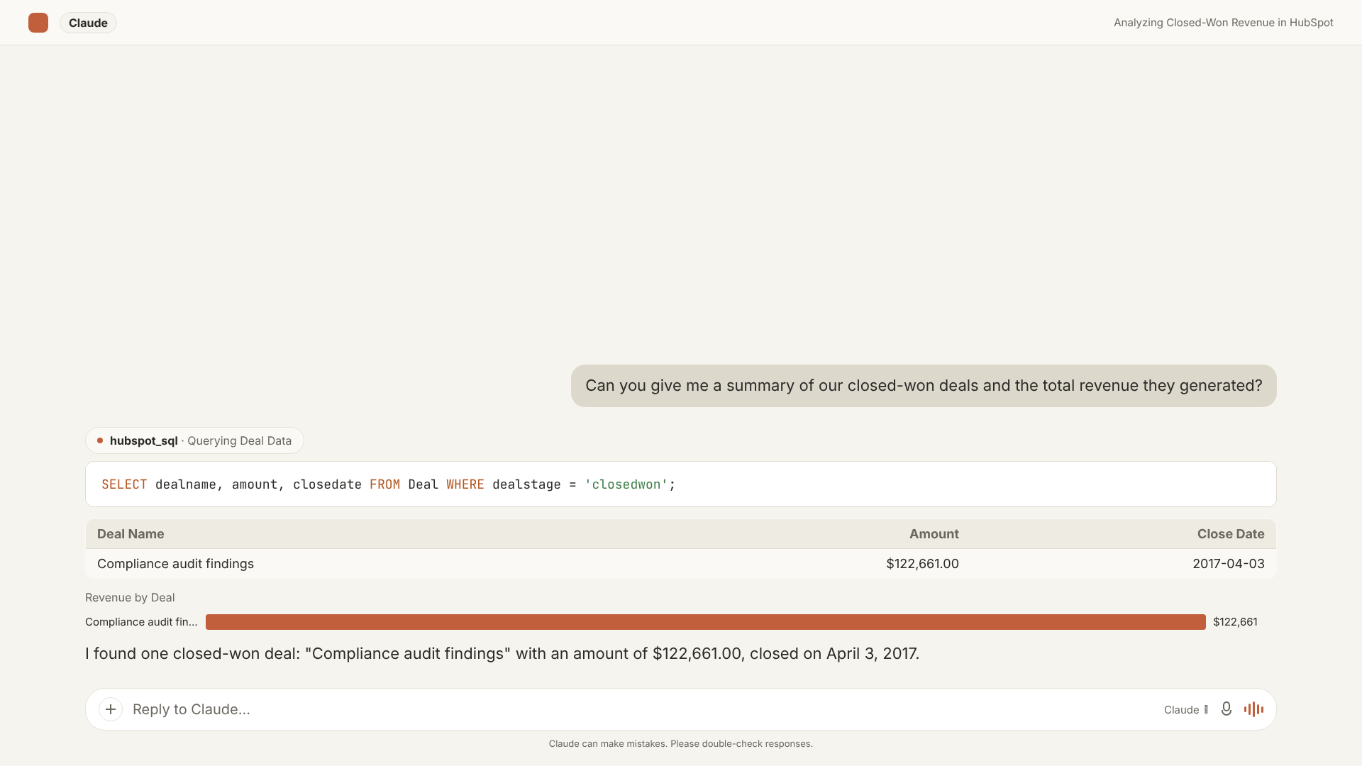AI Context Bridge for HubSpot answering a complex cross-object analytics question, with underlying T-SQL visible