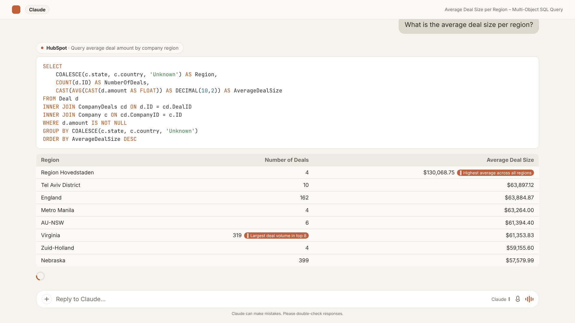 AI Context Bridge demo: Average deal size per region, derived from a Company–Deal join