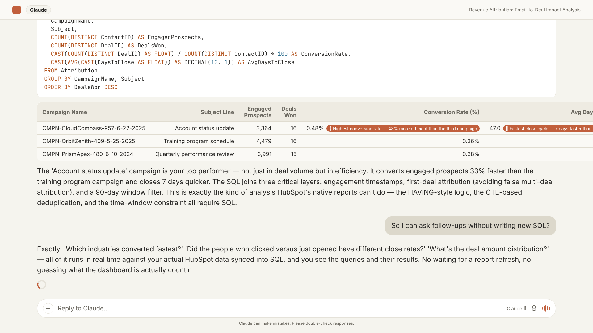 Revenue attribution: which marketing emails produced deals within 90 days, and how quickly?