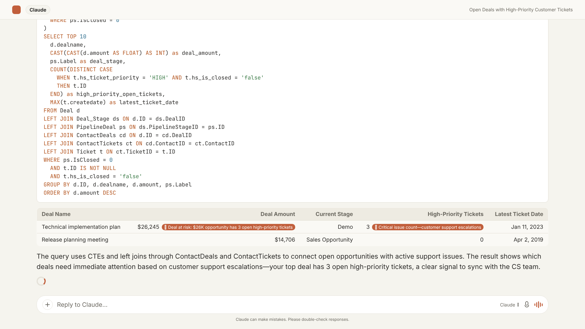 AI Context Bridge answering: Show me all open deals where the associated contact has an open high-priority CS ticket, sorted by deal value: result table with deal name, amount, stage, ticket count, and latest ticket date
